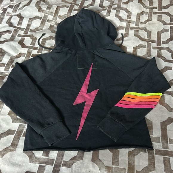 Aviator Nation Charcoal Pink Neon Bolt Crop Hoodie M - RARE - Picture 4 of 4